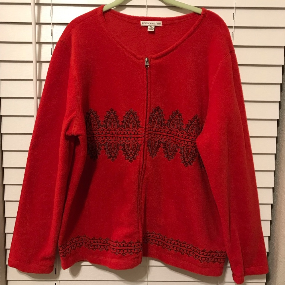 Women’s Red Fleece Zipper Front Fleece top with Black Embroidery XL